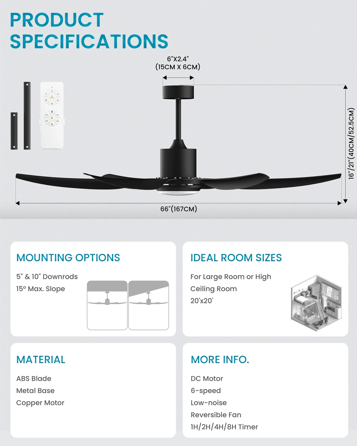 66" Large Ceiling Fan with Light