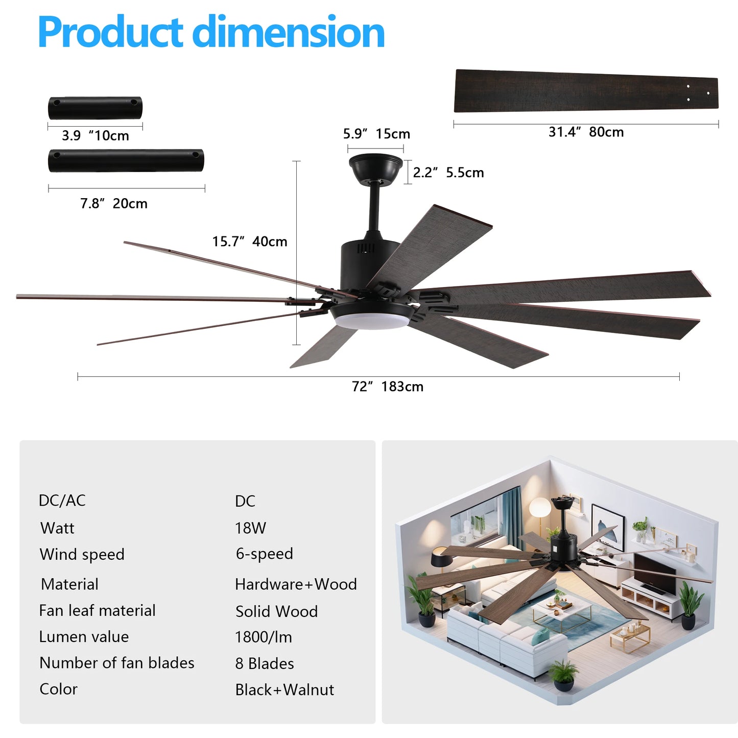 72" Large Diameter Black Ceiling Fan